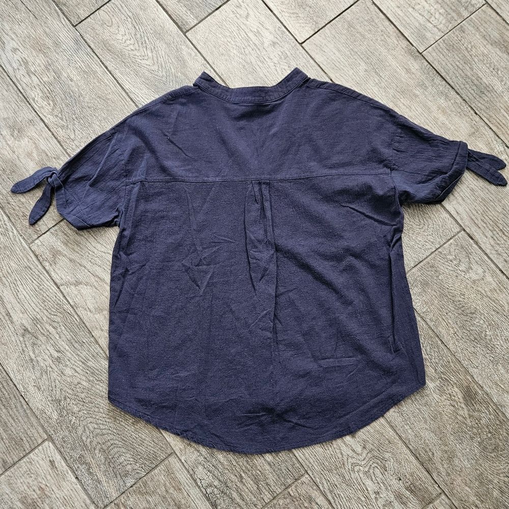 Navy Blue Linen Blend Short Sleeve Shirt - Picture 7 of 7